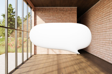 search box with text floating in air in luxurious loft apartment with window and garden; minimalistic interior living room design; 3D Illustration