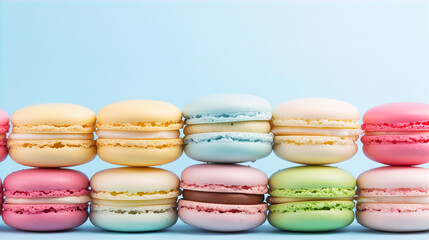 Obraz premium french macaroons on pastel blue background. web banner template background