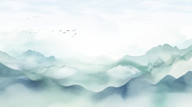 A serene watercolor landscape with soft hues of blue and green, creating a peaceful and minimal backdrop for your text or design elements. Background, wallpaper. Generative AI. 