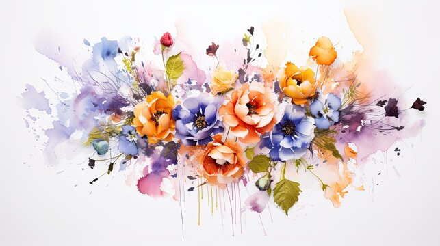 A top view of a watercolor floral arrangement with vibrant colors and fluid brushstrokes. Abstract background, wallpaper texture, backgrounds graphics design. Generative AI. 