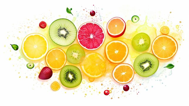 A top view of a watercolor fruit illustration in vibrant colors, offering a playful hand drawn art. Background, wallpaper texture, social media design. Generative AI. 