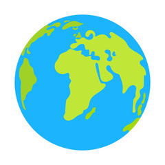 The globe is blue with green continents. Earth, a planet in a simple flat style isolated on a white background. 