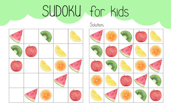 Sudoku educational game leisure activity worksheet watercolor illustration, printable grid to fill in missing images, fruit slice, food ingredient topical vocabulary, puzzle solution, teacher resource