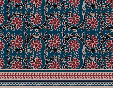 AJRAKH TENDRILS, CLIMBERS SEAMLESS REPEAT PATTERN WITH BORDERS IN VECTOR