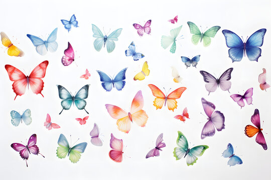 Assorted butterflies in various colors flutter across a white backdrop