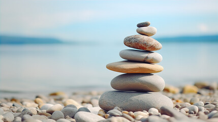 Fototapeta na wymiar Balanced pebble pyramid silhouette on the beach with the ocean in the background. Zen stones on the sea beach, meditation, spa, harmony, calmness, balance concept