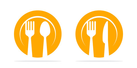 Cutlery illustration icon. Plate with fork and spoon. Plate with fork and knife.