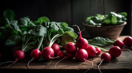 Fresh radishes on a grey wooden table. Generative AI