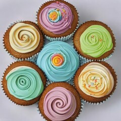 Cupcakes with colored cream on a plate.