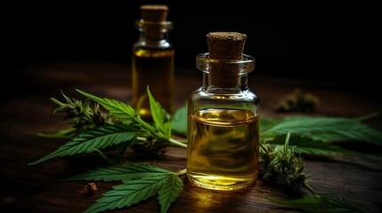 Green leaves of medicinal cannabis and  cannabis oil in the bottle. Generative AI