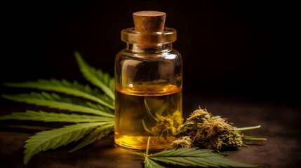 Obraz na płótnie Canvas Green leaves of medicinal cannabis and cannabis oil in the bottle. Generative AI