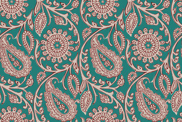PAISLEY AND MARIGOLD FLORAL PATTERN AJRAKH BAGRU SANGANER BLOCK PRINT AND BATIK PRINT DIGITAL PRINT SEAMLESS TEXTILE PATTERN IN EDITABLE FILE