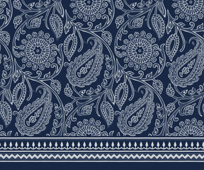 PAISLEY AND MARIGOLD FLORAL PATTERN AJRAKH BAGRU SANGANER BLOCK PRINT AND BATIK PRINT DIGITAL PRINT SEAMLESS TEXTILE PATTERN WITH BORDER IN EDITABLE FILE