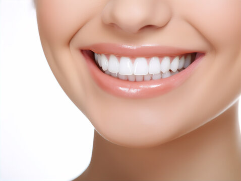 Healthy perfect teeth, young woman smiling. Teeth whitening. Dental concept. Isolated white background