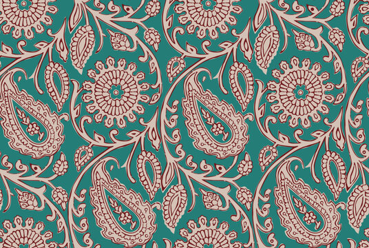 PAISLEY AND MARIGOLD FLORAL PATTERN AJRAKH BAGRU SANGANER BLOCK PRINT AND BATIK PRINT DIGITAL PRINT SEAMLESS TEXTILE PATTERN IN EDITABLE FILE