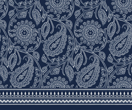 PAISLEY AND MARIGOLD FLORAL PATTERN AJRAKH BAGRU SANGANER BLOCK PRINT AND BATIK PRINT DIGITAL PRINT SEAMLESS TEXTILE PATTERN WITH BORDER IN EDITABLE FILE