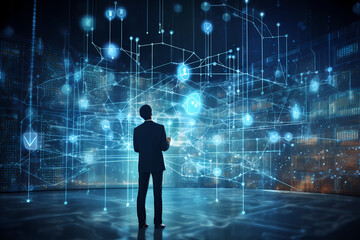 entrepreneur expolring the cyberspace and brainstorming a business idea concept for creating an digital network of connections 