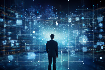 entrepreneur expolring the cyberspace and brainstorming a business idea concept for creating an digital network of connections 