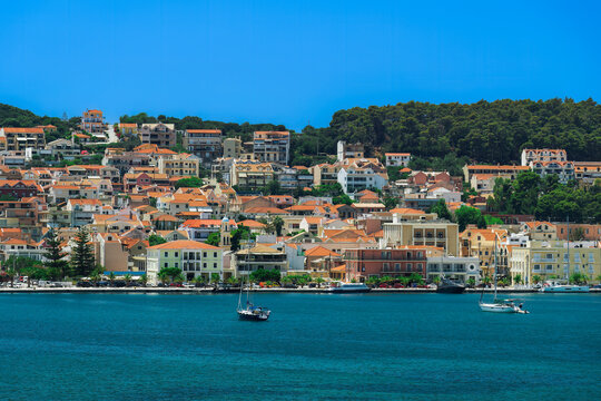 Town seafront panorama with low-rise buildings, Argostoli, Cephalonia Ionia Islands, Greek Islands
