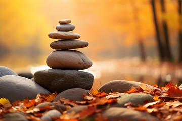 Pile of zen stones in the autumn forest. - obrazy, fototapety, plakaty