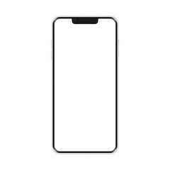 Smartphone vector mockup. White mobile phone template with blank screen. Cell phone device isolated on white background.