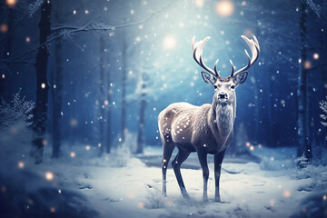 Magic deer in the snow in winter forest. Generative AI
