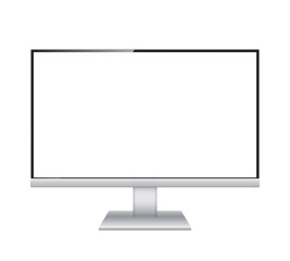 Computer monitor vector mockup. Pc template with blank screen. Silver desktop isolated on white background.