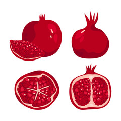 set of pomegranate fruits whole and pieces with juicy grains. halved pomegranate. stylized fruits.