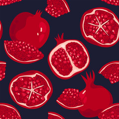 seamless pattern with juicy pomegranates. pomegranate pieces with bright grains on a dark background