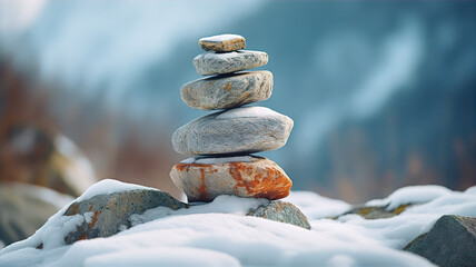 Stone tower in winter mountains. Winter yoga theme