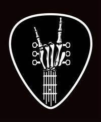 Guitar plectrum with skeleton arm as giutar fretboard and fingers showing the rock sign symbol - obrazy, fototapety, plakaty