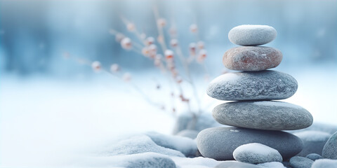 Fototapeta na wymiar stack of pebbles or stones on winter outdoor background. Winter yoga