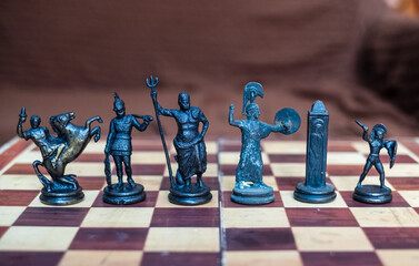 Greek mythological figures as chess pieces, antique elements of popular indoor game