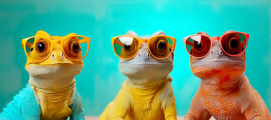 Stylish portrait of three chameleons wearing sunglasses. Pastel gradient background. Generative AI.