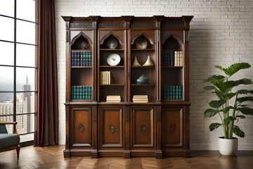 A traditional wooden bookcase with intricate carving details