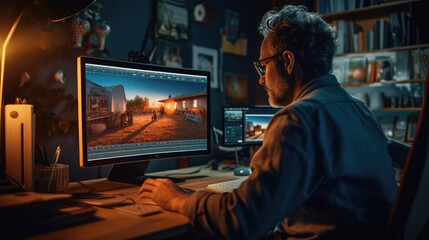 Professional photographer working at computer