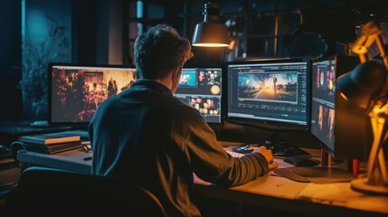 Professional photographer working at computer