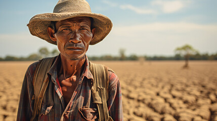 Fototapeta premium Famer in dry, cracked field, hot, drought, cracked soil