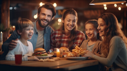 Happy family eating cheese burger in the restaurant