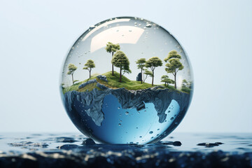 Blue Earth-like sphere representing miniature trees encapsulated inside a glass ball and shimmering water droplets on it.