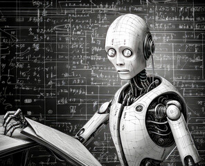 a robot is in front of mathematics calculations, black and white style