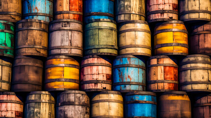 a close up of many wooden barrels of wine or bear