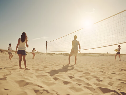 A shot of a group of people playing beach badminton.