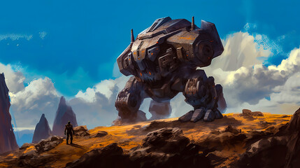 A giant armored robot in the mountains, looking at a human