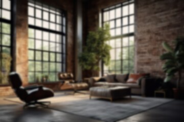 Fototapeta na wymiar Blurred Industrial Apartment Interior Design Idea. Brick wall New-York style living room. Blurry Home office illustration. Blur effect for background wallpaper or website page. Generative AI.