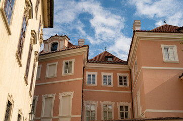 Fototapeta na wymiar Detail of facades of houses near old town square, old town, unesco world heritage site, prague, bohemia, czech republic (czechia), europe 
