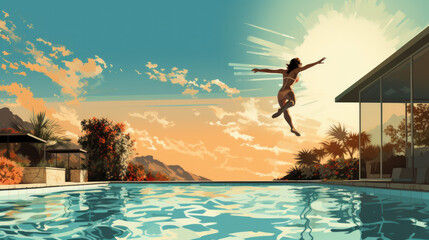 Obraz na płótnie Canvas a young woman in a bikini jumps into the water from a pool. summer vacation concept. creative illustration. Generative AI