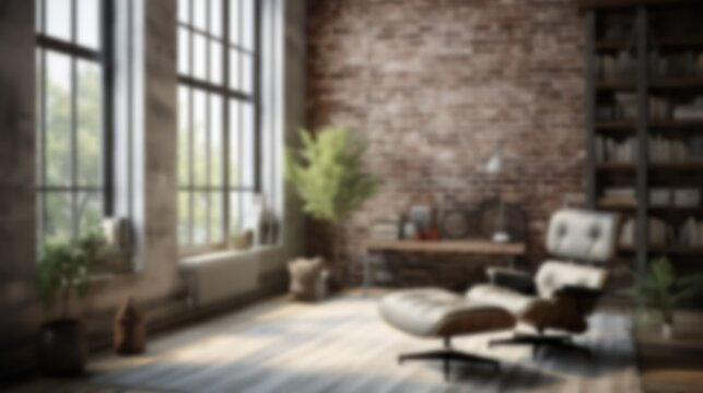 Blurred Industrial Apartment Interior Design Idea. Brick wall New-York style living room. Blurry Home office illustration. Blur effect for background wallpaper or website page. Generative AI.