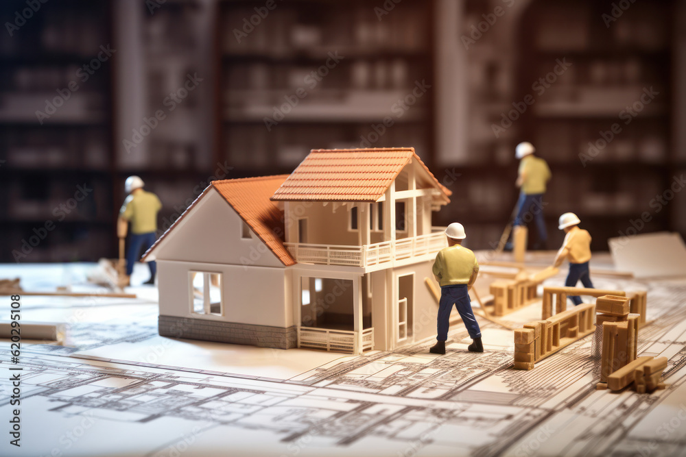 Poster miniature construction workers and building architectural model with plans and blueprint documents