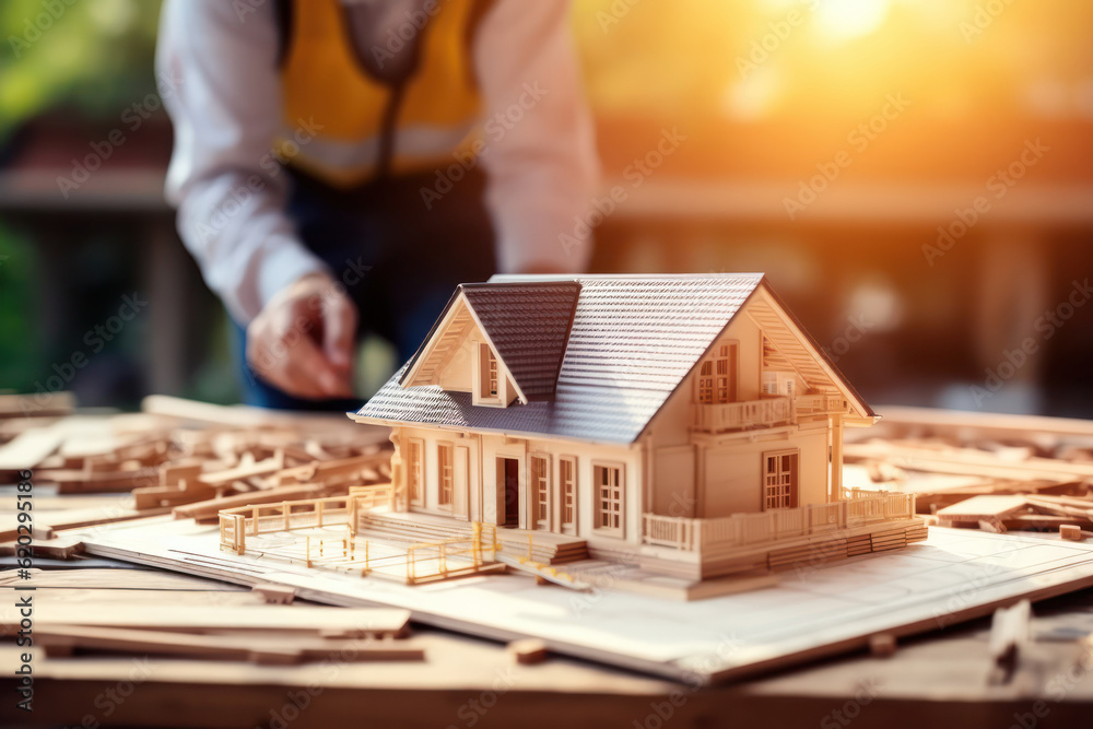 Poster hands of an architect or engineer intricately handle a building construction model on the table